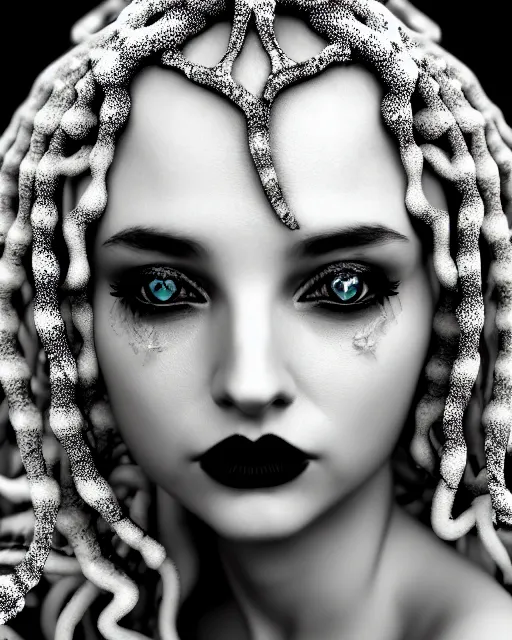 Prompt: surreal mythical dreamy artistic black and white fine art photo of a beautiful young female queen - medusa - vampire - cyborg covered with lace fish scales and translucent algae, highly detailed, intricate crystal ivy lace jelly fish scales ornate, poetic, octane render, 8 k, photo - realistic