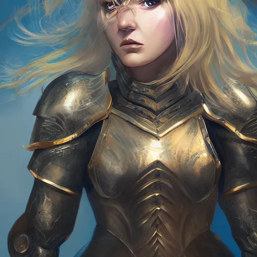 Prompt: a blonde - haired woman in heavy armor, aura of magic around her, gloomy atmosphere, trending on artstation, hyper detailed