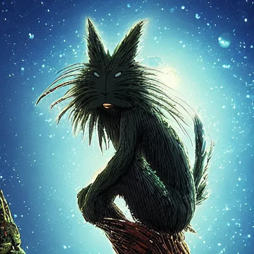 Prompt: spirit creature sitting on the tree in the night made by studio ghibli, detailed, high quality, 8 k, smooth