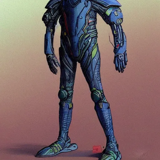 Image similar to concept art, stylized, super exaggerated proportions, concept design, male, science fiction suit, by jean giraud