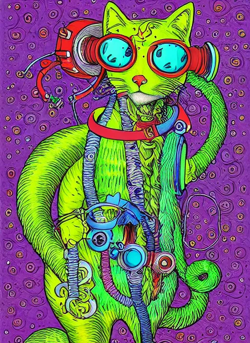 Prompt: cat seahorse fursona wearing an eccentric outfit with headphones and goggles, autistic bisexual graphic designer, long haired attractive androgynous coherent detailed character design, weirdcore voidpunk digital art by william joyce and louis wain, furaffinity, cgsociety