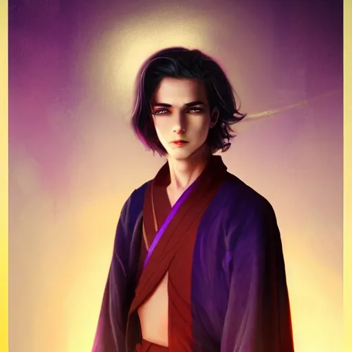 Image similar to colorful and Festive Captivating teenager boy with straight indigo hair, purple eyes with red eye markers, slim body, wearing a detailed Japanese kimono with golden details, atmospheric lighting, painted, intricate, 4k, highly detailed by Charlie Bowater