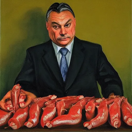 Image similar to highly detailed propaganda poster portrait of the leader of fascist hungary, viktor orban participating in a traditional pig slaughter, painted by edward hopper