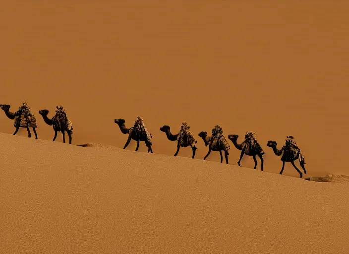 Prompt: a 2 8 mm macro tilt shift view of a camel caravan crossing sand dunes in the desert with the afternoon sun, photography, film, film grain, canon 5 0 mm, cinematic lighting, golden hour, sandstorm,