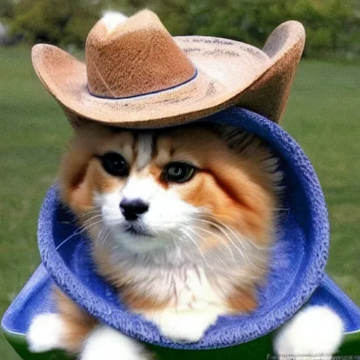 Prompt: siberian cat in a cowboy hat riding a corgi, wild west, sunset. no dude, for real, i want a siberian felis catus wearing a cowboy hat, riding a corgi canis. i dont want any cat hybrids, dogs ruding dogs or girls!!!!