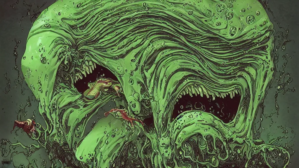 Image similar to a slimy scary alien, by asaf hanuka, by karol bak, by tony diterlizzi, colored pencil, fine art, puking a scary creature out of his mouth, green slime dripping, dark fantasy