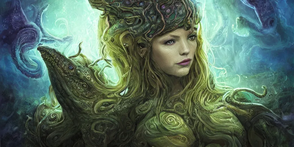 Image similar to Fantasy fairytale style portrait painting, Great Leviathan Turtle, cephalopod, Cthulhu Squid, hybrid, Mythic Island, center Universe, accompany Cory Chase, Blake Lively, Anya_Taylor-Joy, Grace Moretz, Halle Berry, Mystical Valkyrie, Anubis-Reptilian, Atlantean Warrior, hybrid, intense fantasy atmospheric lighting, digital oil painting, hyperrealistic, François Boucher, Michael Cheval, Oil Painting, Cozy, hot springs hidden Cave, candlelight, natural light, lush plants and flowers, Spectacular Mountains, bright clouds, luminous stellar sky, outer worlds, Jessica Rossier, michael whelan, William-Adolphe Bouguereau, Solar Flare HD,