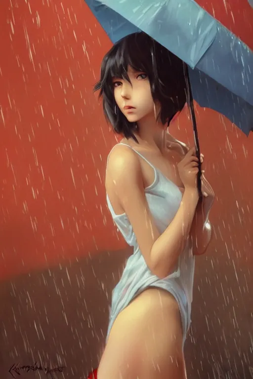 Prompt: a girl in the rain, full shot, realistic shaded perfect body, perfect - face, fine details. night setting. very anime style. realistic shaded lighting poster by ilya kuvshinov katsuhiro, magali villeneuve, artgerm, jeremy lipkin and michael garmash, rob rey and kentaro miura style, trending on art station