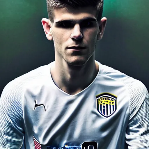 Image similar to “a realistic detailed photo of a guy who is an attractive humanoid who is half robot and half humanoid, who is a male android, Christian Pulisic, shiny skin, posing like a statue, blank stare, press conference, on display”