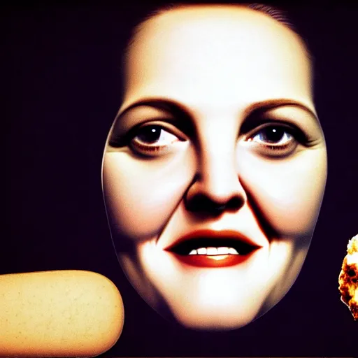 Image similar to drew barrymore face breaking out of smore!!!, bionic scifi by alexandre ferra,