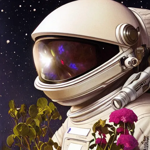 Image similar to a close up painting of an astronaut floating in space. his helmet visor is dark and reflective. you can see the reflection of flowers in his helmet visor. by artgerm and greg rutkowski and alphonse mucha