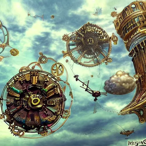 Image similar to flying city in a mechanical flower, sky!, fantasy art, steampunk, masterpiece