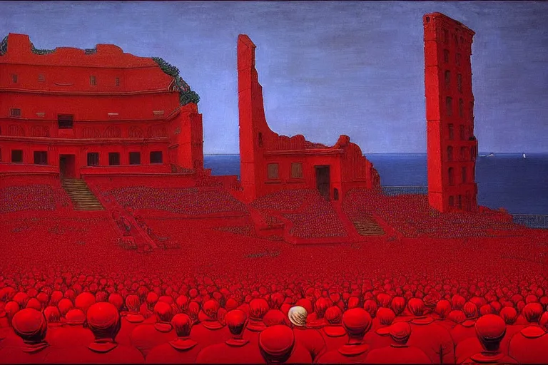 Image similar to only with red, a red great emperor, taormina amphitheatre, expressive crowd hails him, in the style of beksinski, parts by edward hopper, parts by rodcenko, parts by yue minjun, intricate and epic composition, red by caravaggio, insanely quality, highly detailed, masterpiece, red light, artstation, 4 k