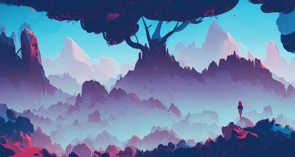 Image similar to a beautiful landscape with trees and mountains, by anton fadeev