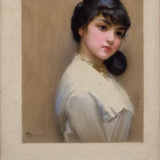 Image similar to orientalism portrait of a cute young woman with twin tails in maid uniform by Edwin Longsden Long and Theodore Ralli and Nasreddine Dinet and Adam Styk masterful intricate artwork