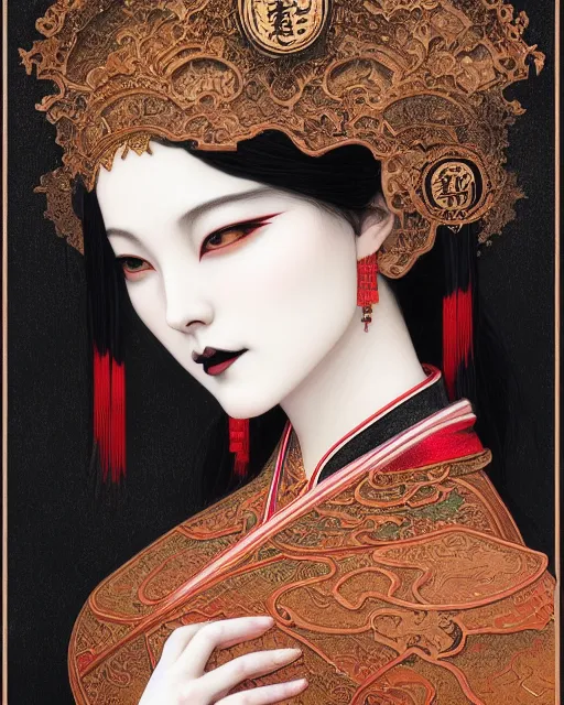 Prompt: portrait of a gothic girl, machine face, upper body, decorated with chinese opera motifs, traditional chinese art, intricate, elegant, highly detailed, digital painting, artstation, concept art, smooth, sharp focus, illustration, art by artgerm and greg rutkowski and alphonse mucha, 8 k