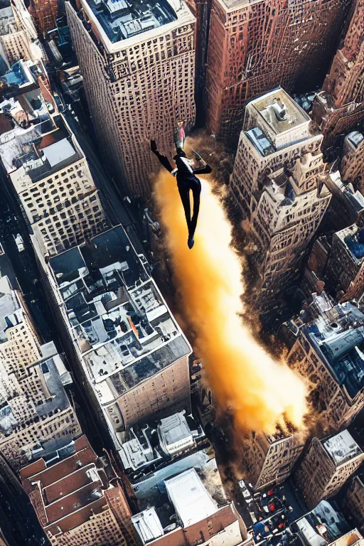 Prompt: !dream a man jumping from a building exploding in New York, explosion aerial view