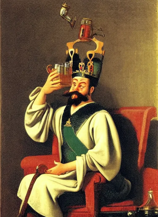 Image similar to king on a throne with a water - filled tankard in his hand in the style of michael sowa