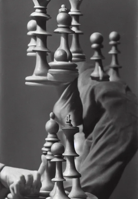 Image similar to a man holding up a single chess - piece, a surrealist painting by marcel duchamp, complex artificial - intelligence machinery, flickr contest winner, studio portrait, 1 9 2 0 s