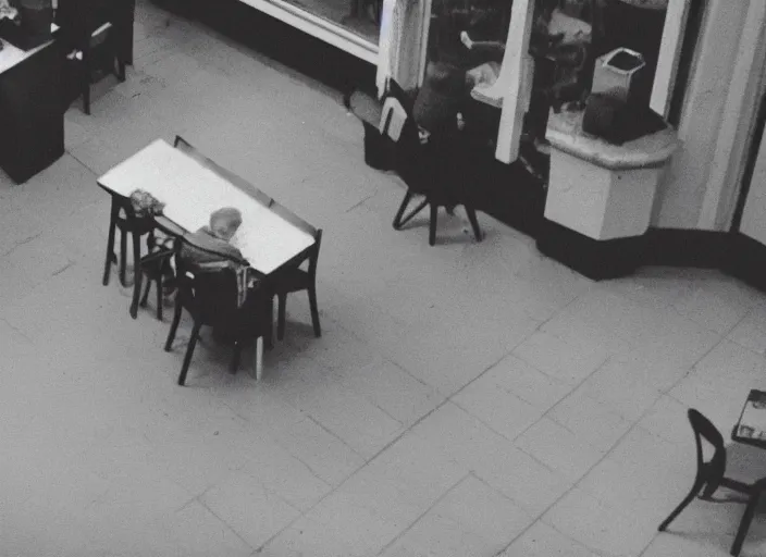 Image similar to a cctv camera view of a old man driking coffe