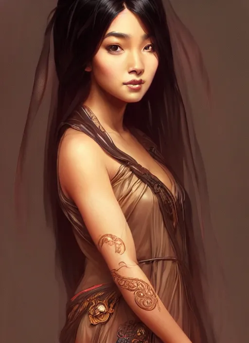 Image similar to cute brown woman wearing a transparent night gown and hanfu face veil, fantasy, intricate, highly detailed, digital painting, artstation, concept art, wallpaper, smooth, sharp focus, illustration, art by artgerm and greg rutkowski and alphonse mucha