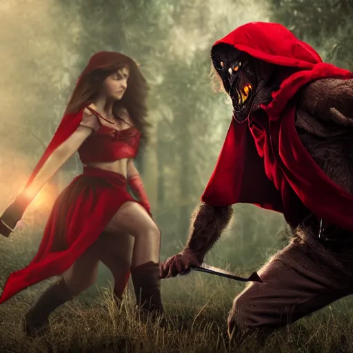 Image similar to photo of red riding hood warrior fights a werewolf, highly detailed, dramatic lighting, cinematic, 4k