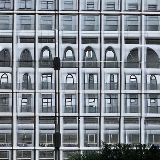 Prompt: giant inflatable bubbles emerging out of the facade of a 1960’s office building’s windows. Inside the bubbles is scaffold that holds a floor with furniture and people. The inflatable is made out of clear plastic sheeting. Ultrarealistic, vray, 8k, cinematic.