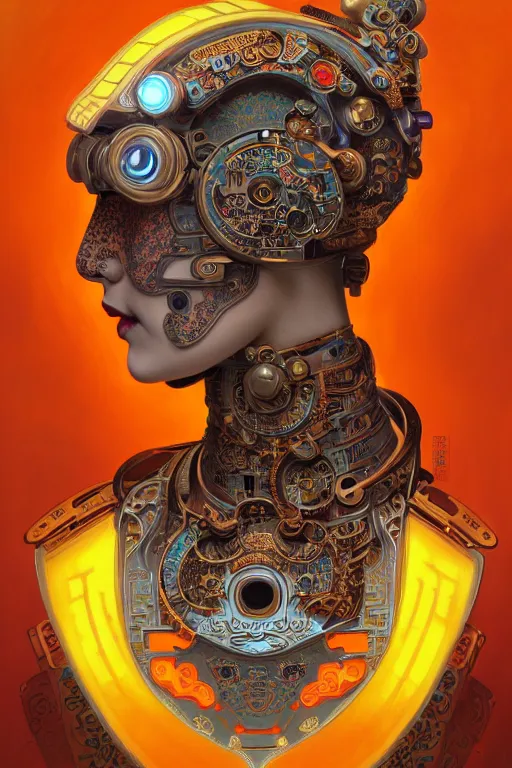 Image similar to portrait of a cyberpunk machine, machine face, upper half portrait, decorated with chinese opera motifs, asian, fine china, traditional chinese art, intricate, elegant, highly detailed, symmetry, headpiece, digital painting, artstation, concept art, smooth, sharp focus, illustration, art by artgerm and greg rutkowski and alphonse mucha, 8 k