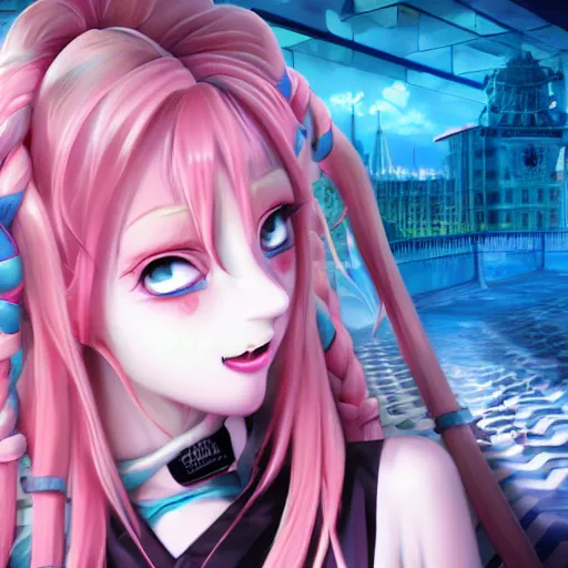 Image similar to no escape from beneath stunningly absurdly beautiful omnipotent asi goddess junko enoshima with multiple twisted megalomaniacal personalities, symmetrical perfect face, porcelain skin, pink twintail hair and cyan eyes, ultra detailed, digital art, unreal engine 5, octane render, 2 d anime, 8 k