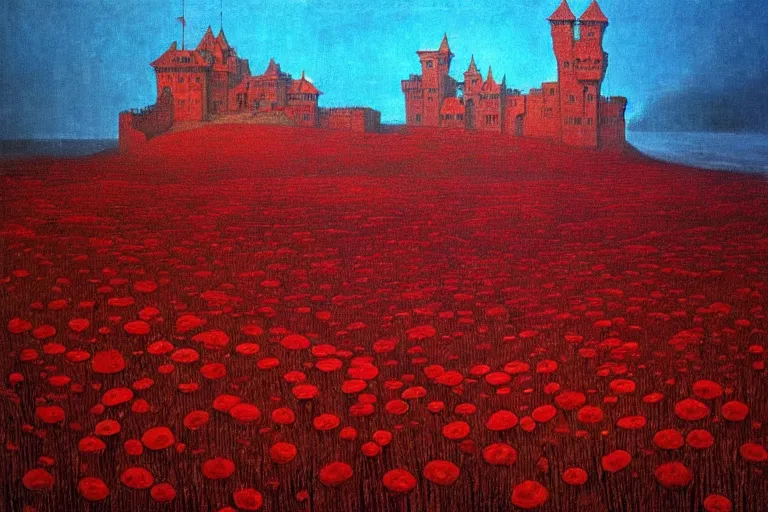 Image similar to only with red, red flowers of different types, a red tiger, a castle in the background, medieval demons dance over the flowers, an ancient path, in the style of beksinski, part by hopper, part by rodcenko, part by hofbauer, intricate composition, red by caravaggio, insanely quality, highly detailed, masterpiece, red light, artstation