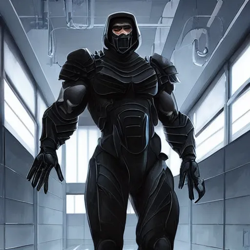 Image similar to a herculean anthro horse with an enormously muscular physique prowling in a black stealth suit, corridor of a high - tech facility, highly detailed, digital painting, artstation, concept art, illustration, art by artgerm, greg rutkowski, wlop