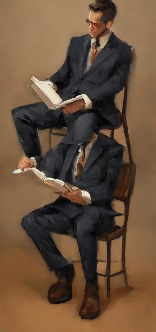 Image similar to a man reading a book wearing a suit oil painting, digital art, artstation