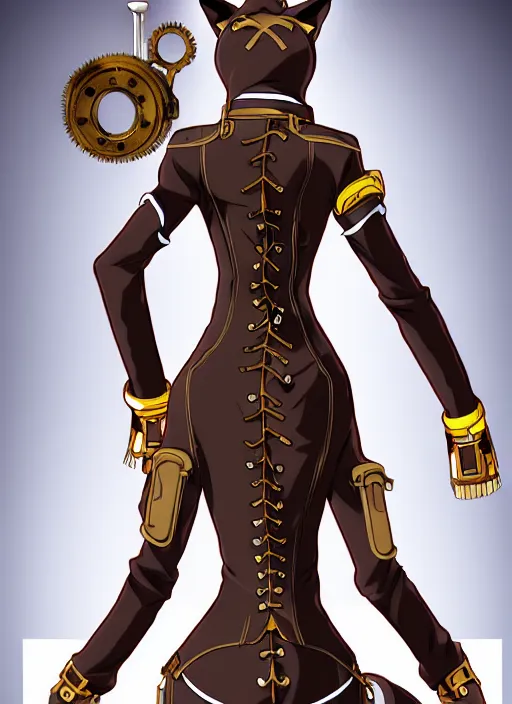 Image similar to the full body of anthropomorphic lynx fursona from behind wearing a steampunk suit, anime, manga