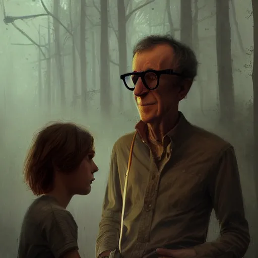 Image similar to woody allen dating a younger version of himself eerie, high detail, depth, photorealistic masterpiece by greg rutkowski, digital art, trending on artstation