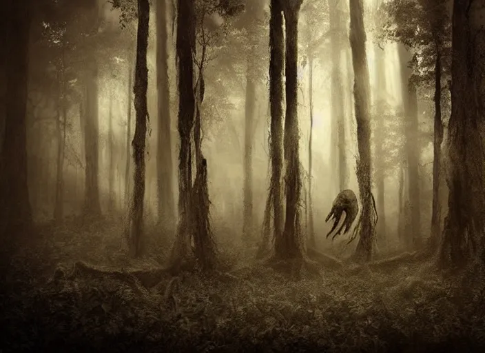 Prompt: an incredibly scary and very very unique creative monster of the forest, ancient folk legend, hyperrealistic concept art, sepia photography in the forest