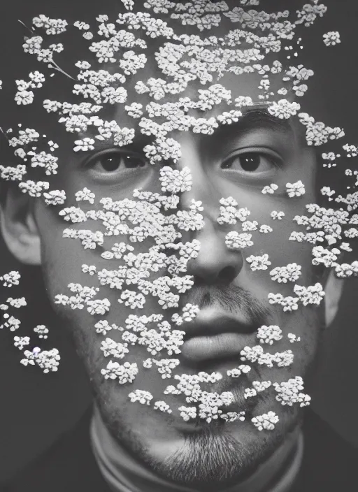 Prompt: double exposure portrait of a man looking out of a window at flowers, an album cover by hsiao - ron cheng, art photography, unsplash, aestheticism, multiple exposure, glitch art, ethereal