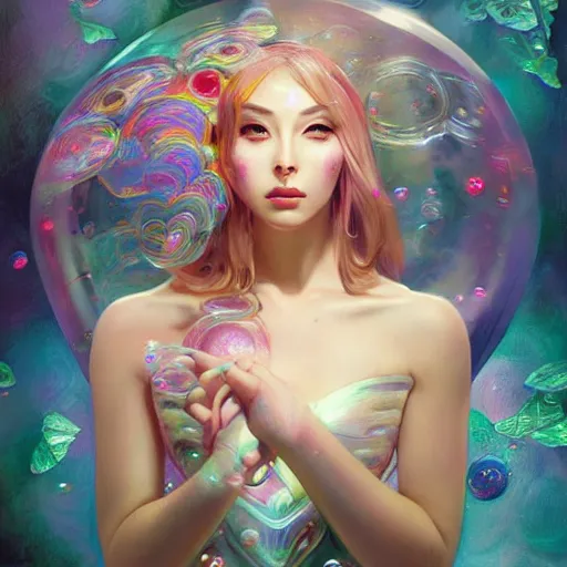 Image similar to dream portrait of a transformer , dreamy and ethereal, expressive pose, big pink eyes, exciting expression, fantasy, intricate, elegant, many rainbow bubbles, rose tones, highly detailed, digital painting, artstation, concept art,cyberpunk wearing, smooth, sharp focus, illustration, art by artgerm and greg rutkowskiand alphonse mucha, Salvador Dali