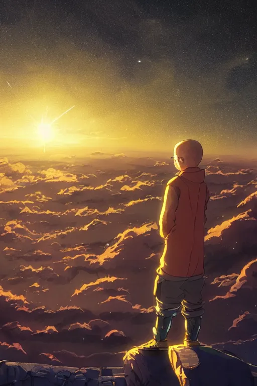 Prompt: walter white enjoying the view of a vast glimmering night sky, high intricate details, rule of thirds, golden ratio, cinematic light, 8 k, octane render, anime style, graphic novel by fiona staples and dustin nguyen, art by beaststars and orange, peter elson, alan bean, studio ghibli, makoto shinkai