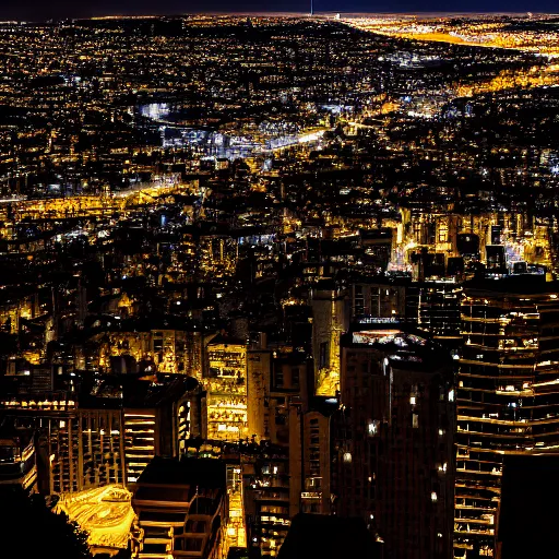 Prompt: photograph looking down from a ridge at a large city at night