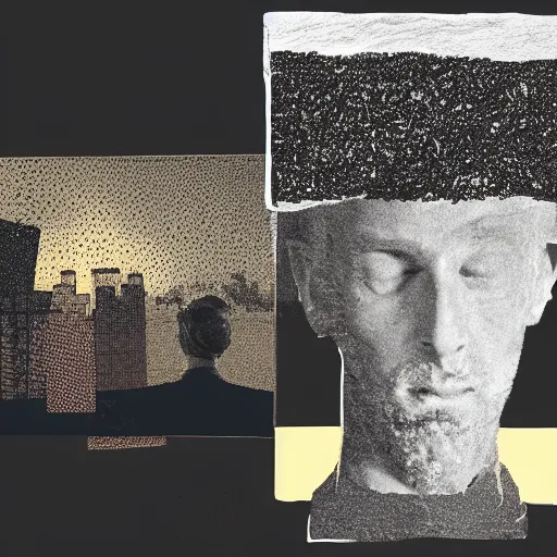 Image similar to dream A portrait of a man, by Karl Wiener, nighttime foreground, (abstract), figurative, ((((unreal engine)))), (pen), (((dark colors))), ((((dirt brick road)))), ((((((collage))))), ((Absurdist art))