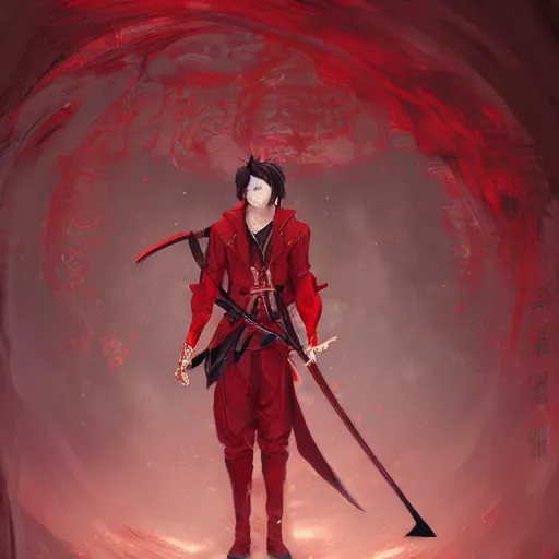 Image similar to a man in a red outfit holding a sword, a detailed painting by torii kiyomitsu, cgsociety, fantasy art, redshift, rich color palette, anime aesthetic