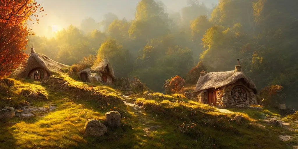 Image similar to a hobbit cottage on top of a steep hill, greg rutkowski, zabrocki, moebius, karlkka, jayison devadas, highly detailed, autumn sunlights, smoky atmosphere, ( ray of sunlight ), trending on artstation, 8 k, ultra wide angle, zenith view, pincushion lens effect