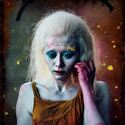 Image similar to realistic expired kodak film portrait of albino india woman tentacled creature mix, marigold celestial vibe, hyperrealism, hypermaxiymalism, photorealistic, detailed, atmospheric, 8 k, award winning photography, cinematic