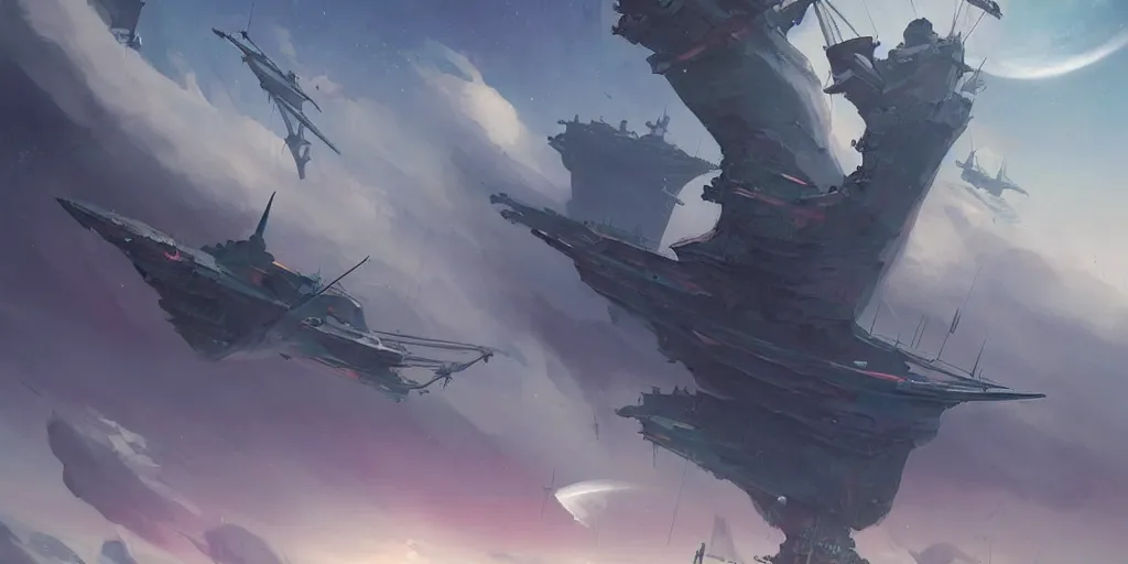 Image similar to 1400's Frigate featured in no mans sky concept art, highly detailed, soft colors, art by by Charlie Bowater, by Mark Brooks