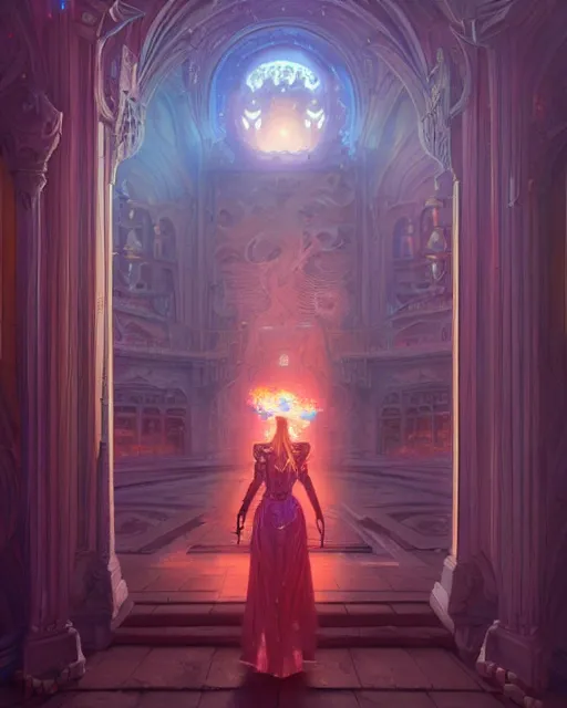 Image similar to highly detailed surreal vfx portrait of a female candypunk mage in a majestic castle by golden tree, stephen bliss, unreal engine, greg rutkowski, loish, rhads, beeple, makoto shinkai and lois van baarle, ilya kuvshinov, rossdraws, tom bagshaw, alphonse mucha, global illumination, detailed and intricate environment