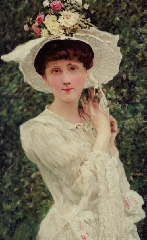 Image similar to portrait! of a lovely lady! wearing a big hat! edwardian haircut! 1 9 0 0 s! edwardian dress! flowers behind her!