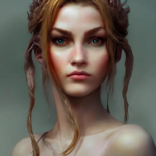 Image similar to beautiful fantasy girl protrait, epic, epic lighting, character portrait, james gurney, character concept style trending on artstation, detailed face, concept art, detailed, octane render cinematic, photo-realistic, 8k, high detailed