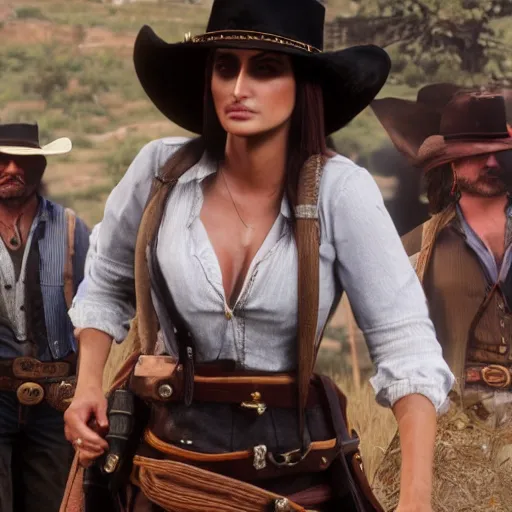 Image similar to Penelope Cruz as a cowboy in Red Dead Redemption 2