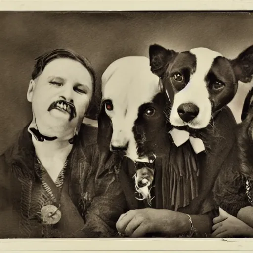 Image similar to black and white vintage portrait of a ragtag team of three dogs as a crew of thieves in a dark steampunk setting