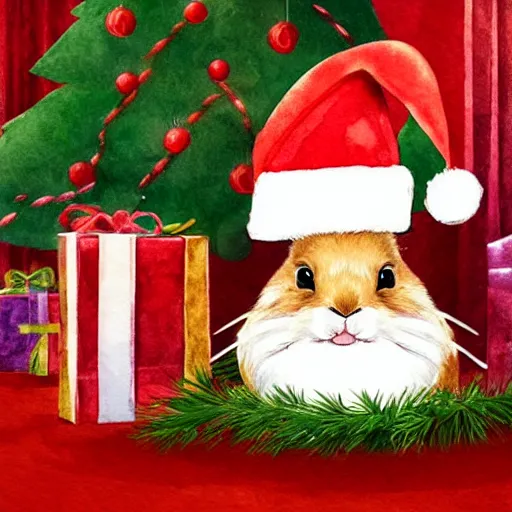 Image similar to a rabbit wearing a santa hat, places a christmas present underneath a christmas tree inside a cozy livingroom, realistic watercolour style